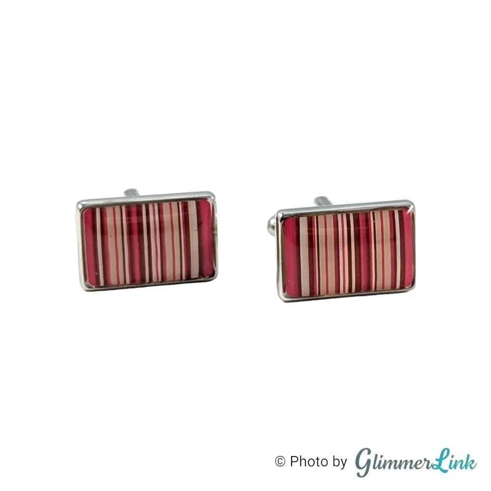 Rectangle Vertical Parallel Pink Bar Line Stripes Silver Tone Cufflinks